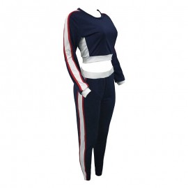 Women Two Piece Tracksuit Striped Long Sleeve Crop Top Sweatshirt Slim Pants Sportswear Fitness Set Suits Blue