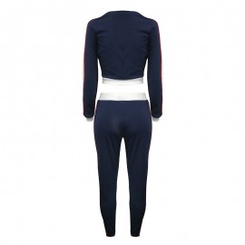 Women Two Piece Tracksuit Striped Long Sleeve Crop Top Sweatshirt Slim Pants Sportswear Fitness Set Suits Blue