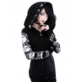 Women Hooded Zipper Pockets Letter Moon Print Gothic Puck Hoodies Casual Pullover Sweatshirt Black