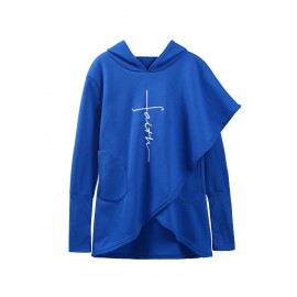 Fashion Women Hoodie Faith Letter Print Asymmetric Casual Loose Coat Pullover Sweatshirts Hooded Tops