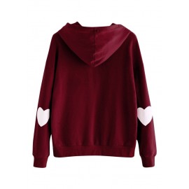 Fashion Women Hoodie Sweatshirts Heart Pattern Long Sleeve Casual Loose Pullover Hooded Tops Pink/Burgundy/Black