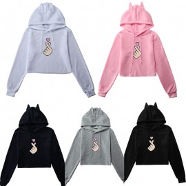 Women Crop Hoodies Hood Sweatshirt Cute Cat Ear Drawstring Heart Gesture Print Warm Autumn Winter Pullovers