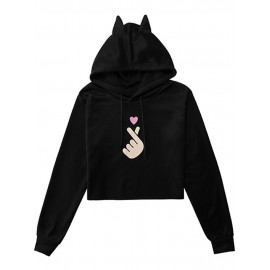 Women Crop Hoodies Hood Sweatshirt Cute Cat Ear Drawstring Heart Gesture Print Warm Autumn Winter Pullovers