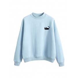 Casual Women Autumn Cat Print Hoodies Solid Color O-neck Long Sleeves Pullover Top Sweatshirt