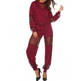 Women Two Piece Tracksuit Solid Long Sleeve Crop Top Mesh Splice Wide Leg Pants Sportswear Suits Burgundy/Black