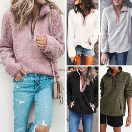 New Fashion Women Winter Sweatshirt Velvet High Collar Long Sleeve Zipper Warm Pullover Casual Tops