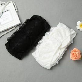 Women Lace Wireless Bra Bandage Padded Strapless Adjustable Back Thin Breathable Bra Crop Top Brassiere Underwear Black/White