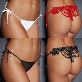 Sexy Women Crochet Lace Lingerie G-String Low Waist Self-Tie Strap Beaded Thong Underwear Black/Red/White