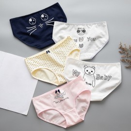 Women Briefs Cotton Blends Beathable Stretchy Cartoon Animal Cat Letters Polka Dot Print Bow Sweet Underwear
