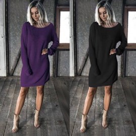 Vintage Women Knitted Straight Dress Solid Dropped Long Batwing Sleeve Round Neck Mini Loose One-Piece
