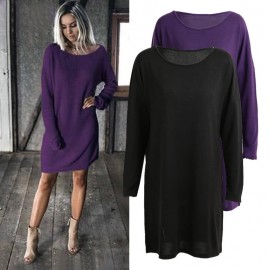 Vintage Women Knitted Straight Dress Solid Dropped Long Batwing Sleeve Round Neck Mini Loose One-Piece