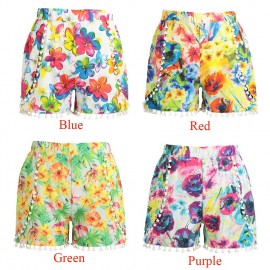 Women Shorts Colorful Floral Print Elastic High Waist Pom Pom Wide Legs Slim Casual Beach Wear