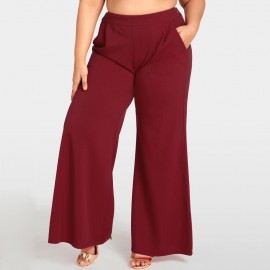 Women Plus Size Wide Leg Pants High Waist Casual Loose Trousers Pockets Solid Flare Pants Burgundy