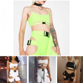 Sexy Women Solid Color Two Pieces Set Hollow Out Strapless Crop Camis Buckles High Waist Shorts Two Piece Suit