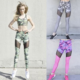 Sexy Women Camouflage Print Mesh Splice Sports Leggings Yoga Pants Workout Running Skinny Slim Fitness Tights