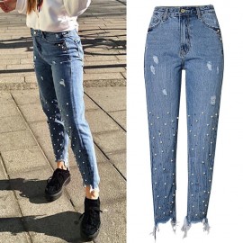 Women Ripped Jeans Denim Pears Destroyed Frayed Holes Washed Distressed Boyfriend Pants Trousers Tights