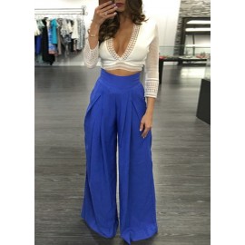 Women Pants Solid Color High Waist Wide Loose Legs Pockets Casual Palazzo Baggy Clubwear Trousers