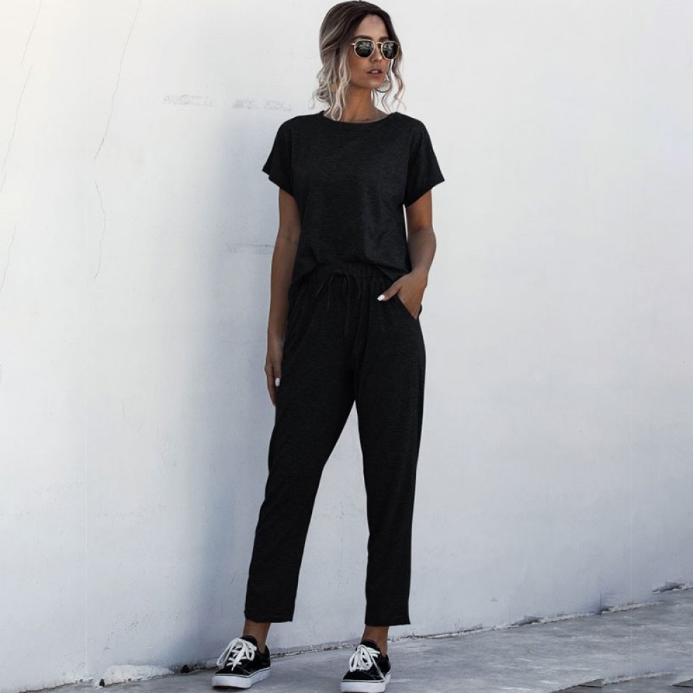 NEW Stylish Women's Short Sleeves O Neck Solid Color Casual Jumpsuit 2pcs Sporty