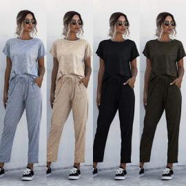 Women Solid Short Sleeves T-shirt Pants Set Round Neck Elastic Waist Pockets Comfortable Tracksuit Casual 2pcs Loungewear