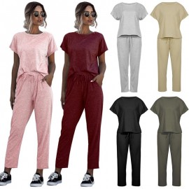 Women Solid Short Sleeves T-shirt Pants Set Round Neck Elastic Waist Pockets Comfortable Tracksuit Casual 2pcs Loungewear