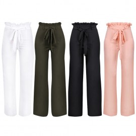 New Women High Waist Pants Belt Ruffle Zip Solid Color Wide Leg Trousers Elegant Long Pant