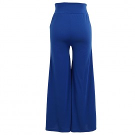 Women Pants Solid Color Side Split High Waist Wide Loose Flared Legs Baggy Casual Trousers Blue