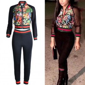 Women Two Piece Set Bomber Jacket Pants Floral Print Mesh Stripes Stand Collar Casual Suits Black