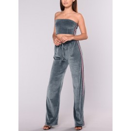 Women Two Pieces Crop Top Pants Off the Shoulder Striped Zip Elastic Waist Casual Trousers