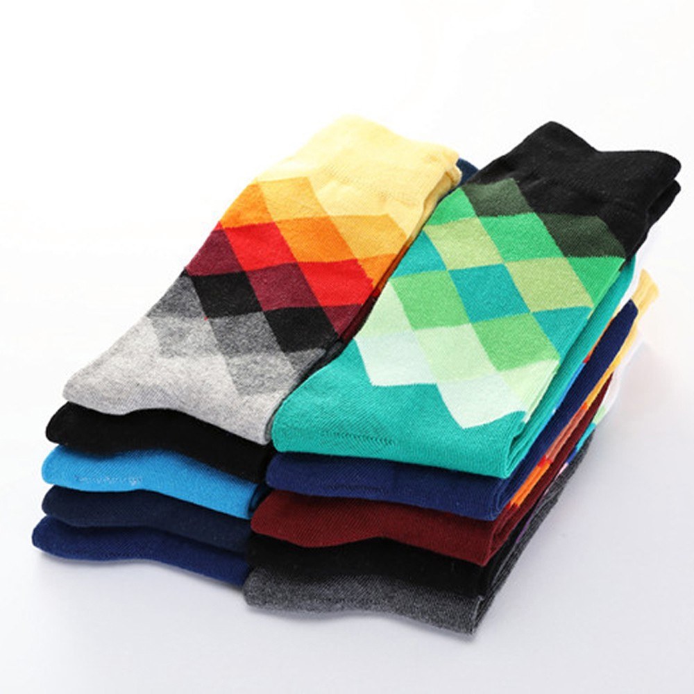Men's Middle Stockings Colored Rhombus Lattice Socks Pure Cotton Socks Breathable Multicolour Hose