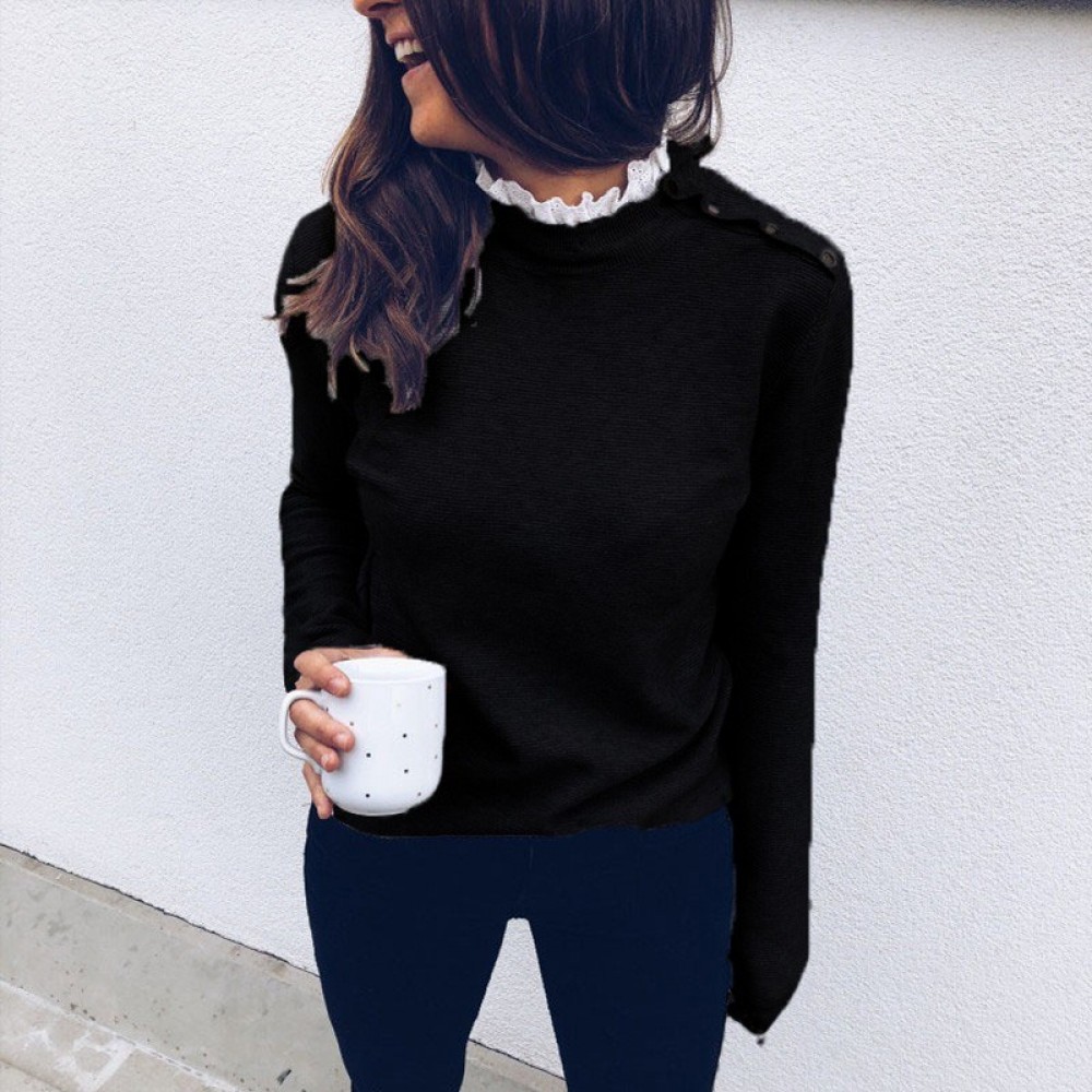 Fashion Women Knitted Top Lace High Neck Button Long Sleeve Solid Autumn Blouse Pullover Black/Grey/White
