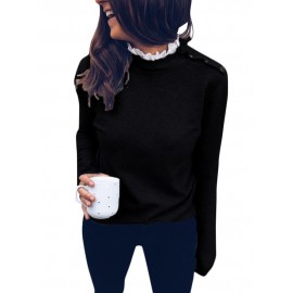 Fashion Women Knitted Top Lace High Neck Button Long Sleeve Solid Autumn Blouse Pullover Black/Grey/White