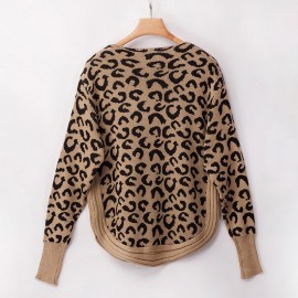 Women Knittwear Leopard Dropped Shoulders Irregualr Hemline Long Sleeve Autumn Winter Casual Jumper