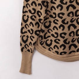 Women Knittwear Leopard Dropped Shoulders Irregualr Hemline Long Sleeve Autumn Winter Casual Jumper