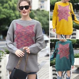 Fashion Women Winter Knit Sweater Splicing Solid Color O Neck Long Sleeve Hole Jumper Casual Long Pullover