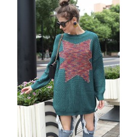 Fashion Women Winter Knit Sweater Splicing Solid Color O Neck Long Sleeve Hole Jumper Casual Long Pullover