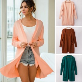 Women Knitted Cardigan Jacket Solid Color Open Front Pockets Drop Shoulder Long Sleeves Autumn Winter Knitting Sweater Coat