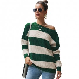 Women Sweater Contrst Stripes One Shoulder Dropped Shoulder Slash Neckline Long Sleeve Casual Street Wear