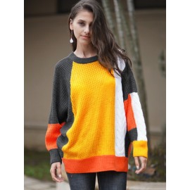 Women Knitted Sweater Color Block Batwing Sleeve Ribbed Splits Twist Autumn WinterCasual Loose Pullover