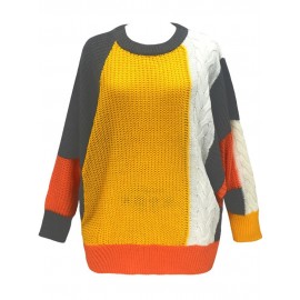 Women Knitted Sweater Color Block Batwing Sleeve Ribbed Splits Twist Autumn WinterCasual Loose Pullover