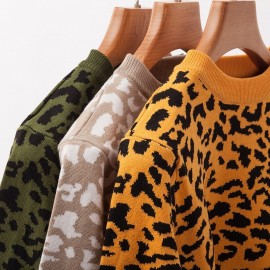 Women Knitted Sweater Crop Top Leopard O Neck Long Sleeves Loose Pullovers Autumn Winter Casual Knitting Top