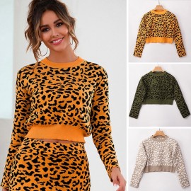 Women Knitted Sweater Crop Top Leopard O Neck Long Sleeves Loose Pullovers Autumn Winter Casual Knitting Top