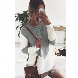 Women Knitted Sweater O Neck Long Sleeve Splice Color Casual Pullover Jumper Grey/Black/Khaki