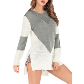 Women Knitted Sweater O Neck Long Sleeve Splice Color Casual Pullover Jumper Grey/Black/Khaki