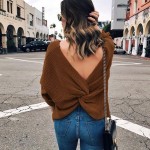 Women Loose Knitted Pullovers Plunge V Neck Twisted Long Sleeves Drop Shoulder Crossed Casual Jumper Top