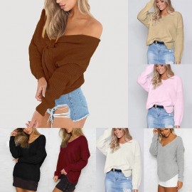 Women Loose Knitted Pullovers Plunge V Neck Twisted Long Sleeves Drop Shoulder Crossed Casual Jumper Top