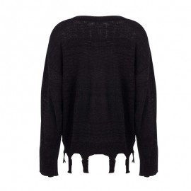 Fashion Women Winter Knitted Jumper Sweater Ripped Hem V-Neck Long Sleeve Solid Irregular Casual Knitwear
