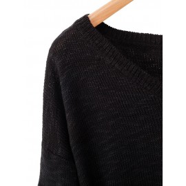 Fashion Women Winter Knitted Jumper Sweater Ripped Hem V-Neck Long Sleeve Solid Irregular Casual Knitwear
