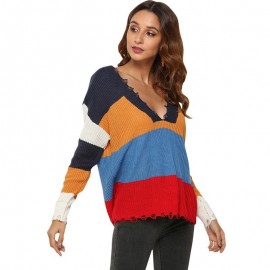 Boho Women Sweater Multi Color Block Deep V Neckline Dropped Shulder Long Sleeve Tassel Loose Knitwear