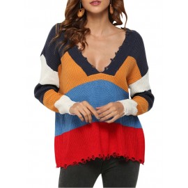 Boho Women Sweater Multi Color Block Deep V Neckline Dropped Shulder Long Sleeve Tassel Loose Knitwear