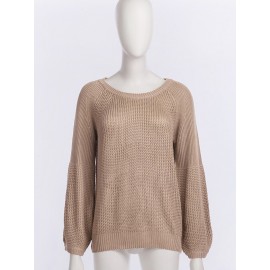 Women Loose Knitted Pullover Sweater Raglan Lantern Long Sleeves O Neck Solid Knitting Top